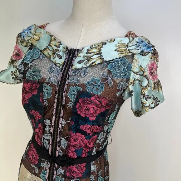 Anthropologie Beguile by Byron Lars Brocade Floral Dress Black Lace Sheath Mini